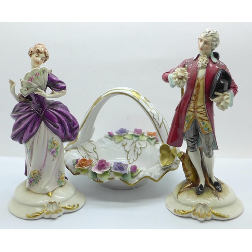 631 - A pair of Capodimonte figures and a German hand painted porcelain basket