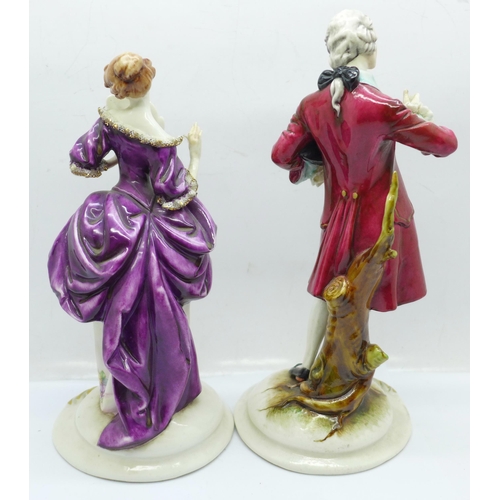 631 - A pair of Capodimonte figures and a German hand painted porcelain basket