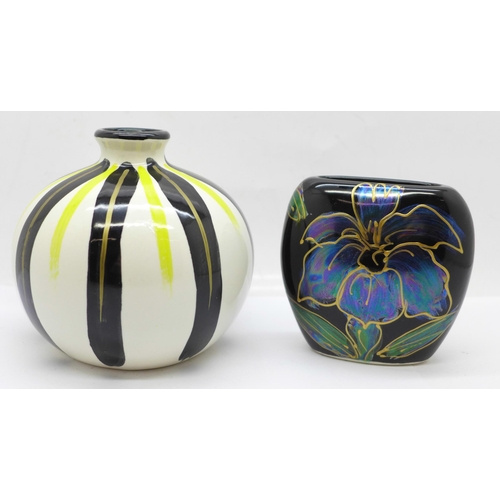 641 - An Anita Harris vase with yellow, black and gold striped decoration and one other Anita Harris mini ... 