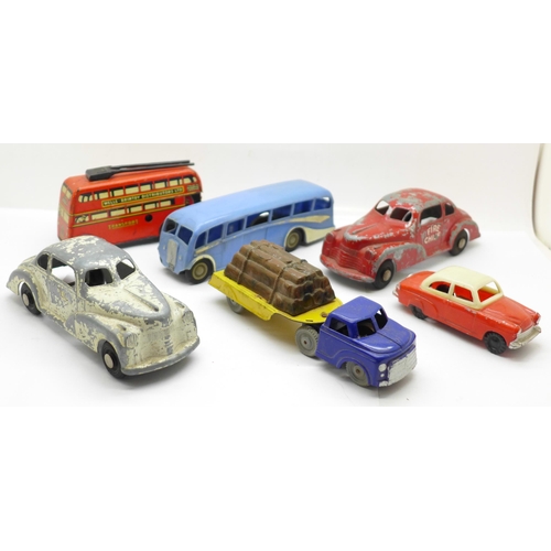 643 - Six model vehicles including two clockwork London Toy model cars, Police and Fire Chief (made in Can... 