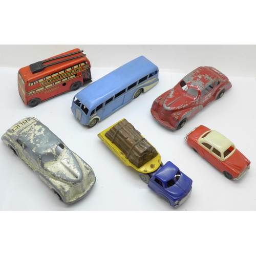 643 - Six model vehicles including two clockwork London Toy model cars, Police and Fire Chief (made in Can... 