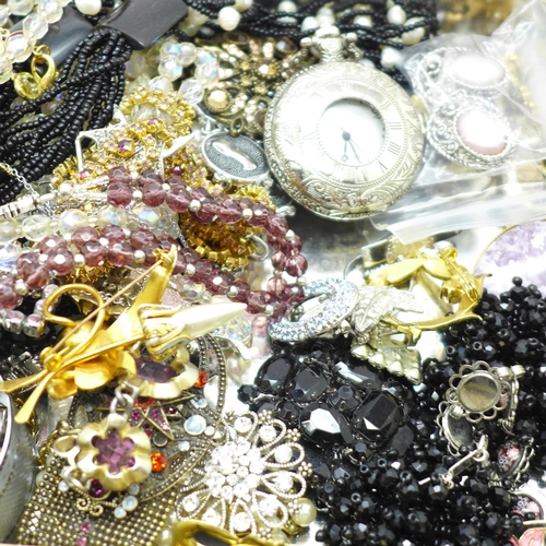 648 - Modern costume jewellery, paste set necklaces, bead necklaces, bangles, pocket watch, etc.