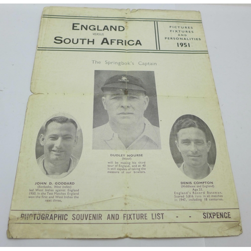 651 - Cricket interest : England v South Africa 1951 photographic souvenir and fixture list