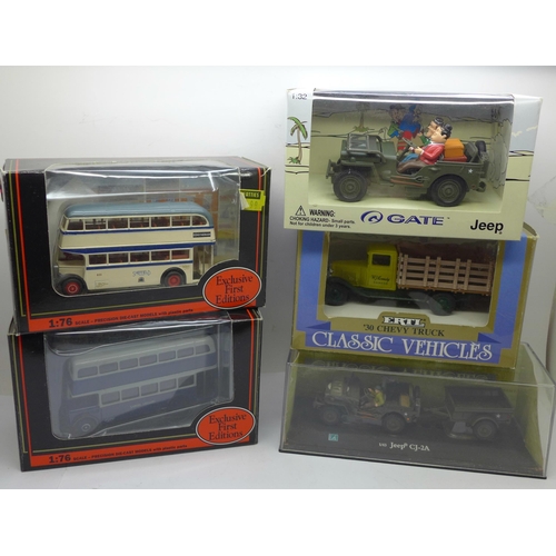 659 - Model vehicles; an Ertl model Chevy Truck, two EFE buses, a Jeep and a Gate Laurel & Hardy in Jeep, ... 