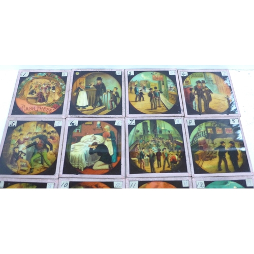 683 - A set of twelve magic lantern slides and a magic lantern slide of Queen Victoria