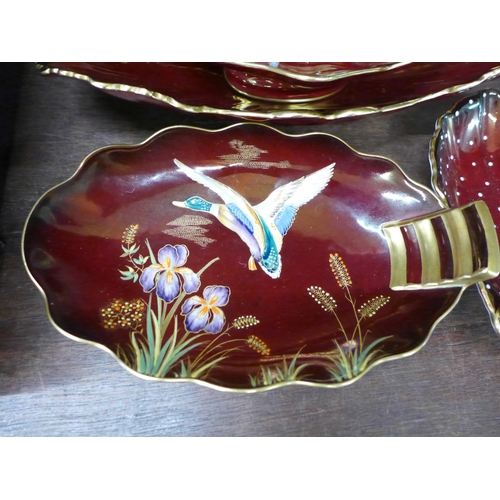 699 - A collection of Carlton Ware Rouge Royale including two dishes decorated with birds