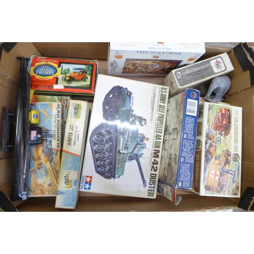 747 - A collection of plastic model kits including Airfix, Matchbox and Tamiya and a box of assorted items... 