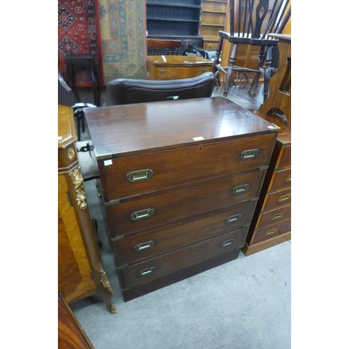 204 - A campaign style mahogany and brass mounted secretaire chest of drawers