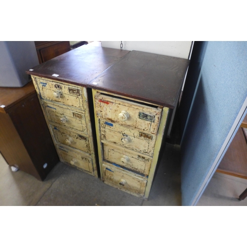 280 - A pair of industrial style painted pine and mahogany four drawer chests