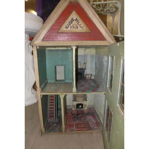 302 - A scratch built painted wooden doll's house, Marne Villa, 1918