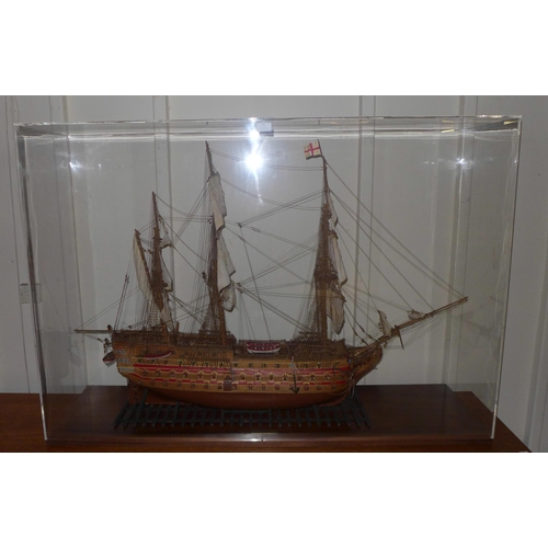 58 - A large cased model of H.M.S. Victory, case dimensions; 93cms h, 132cms w, 38cms d