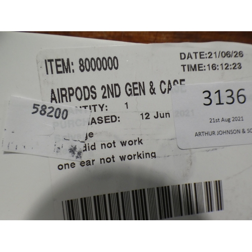 3136 - Airpods (2nd Gen) & Case (model:- MV7N2ZMA), RRP £99.99 + VAT (232-274) * This lot is subject to VAT