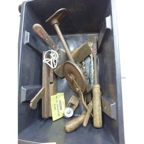 2010 - Black tub of assorted vintage hand tools includes ½