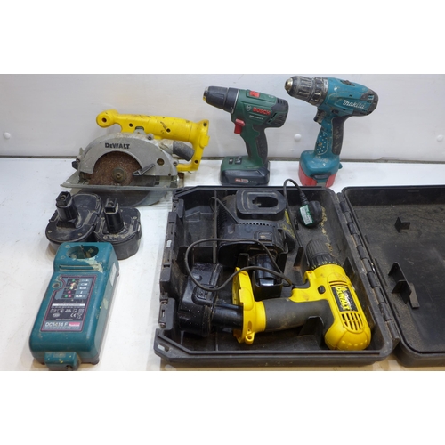 2046 - Bosch PSR 1800 Li-2 18v rechargeable drill - W, plus DeWalt rechargeable drill & chop saw