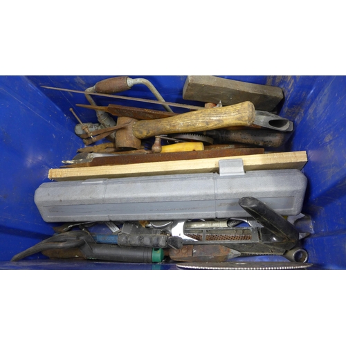 2060 - Tub of tools: spanners, files, torque wrench, blades and planes, etc.