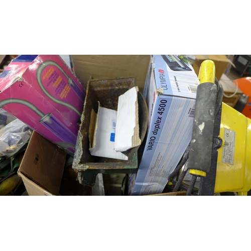 2064 - Box of assorted items; pond gravel cleaner, battery charger, site light, etc.