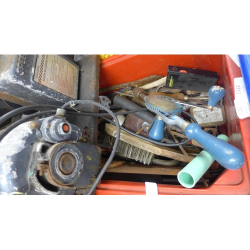 2158 - Box of mixed hand tools incl. wooden hammers, files, etc., & red tub containing a variety of tools w... 