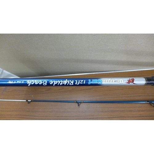 2171 - Dragon Surf Riptide 12ft beach rod/sea fishing rod, plus Fossil Fly green Amonite fly fishing rod wi... 