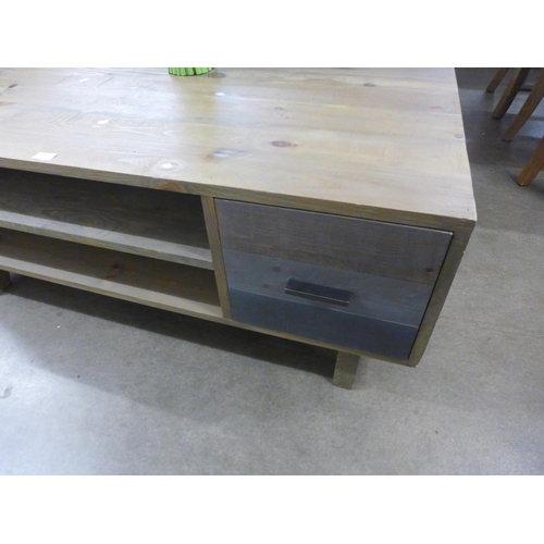 1305 - A stained pine two tier TV stand with single drawer,marked