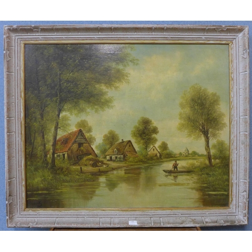 108 - Flemish School, river landscape with figure on a boat, 79 x 98cms, framed