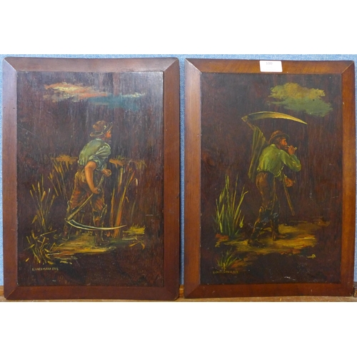 100 - Edward Owen Clark, pair of naive harvesting scenes, oil on panel, dated 1888, 42 x 30cms