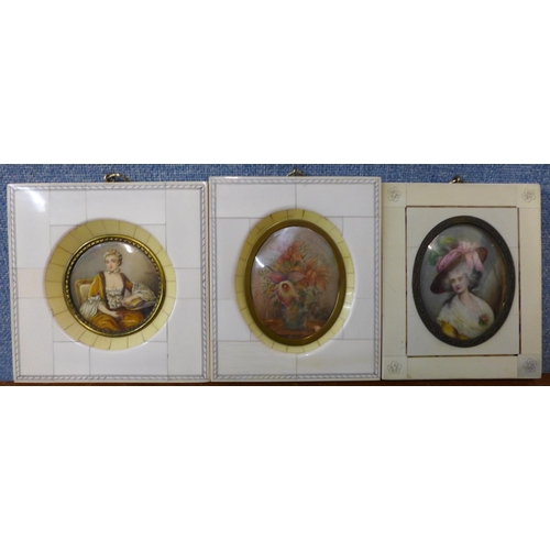 104 - Three miniature French School watercolours, portrait of Lady Hamilton, another portrait and a still ... 