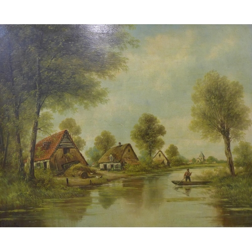 108 - Flemish School, river landscape with figure on a boat, 79 x 98cms, framed