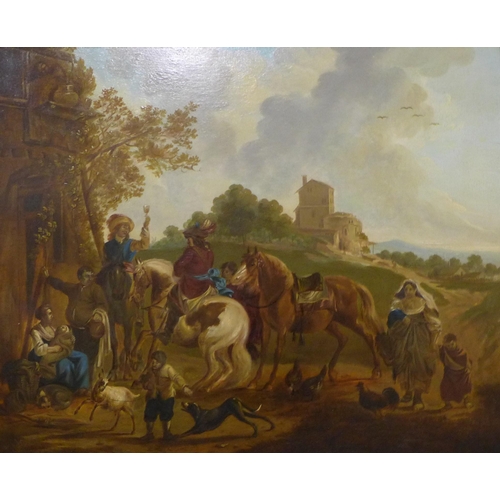 49 - Continental School, figures on horseback by an inn, oil on board, 34 x 42cms, framed