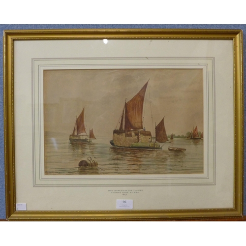 96 - Thomas Payne, Hay Barges On The Thames, watercolour, dated 1863, 24 x 37cms, framed