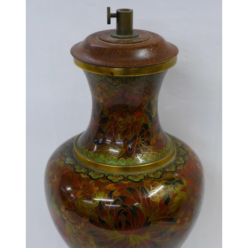 605 - A cloisonne lamp base, small area a/f, 40cm