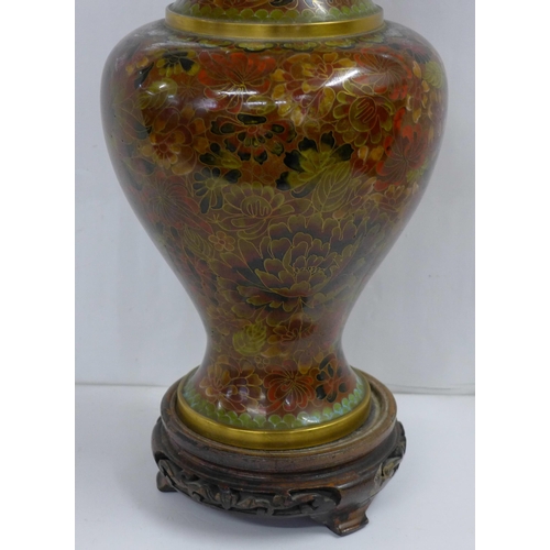 605 - A cloisonne lamp base, small area a/f, 40cm