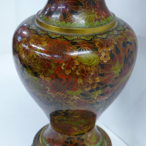 605 - A cloisonne lamp base, small area a/f, 40cm