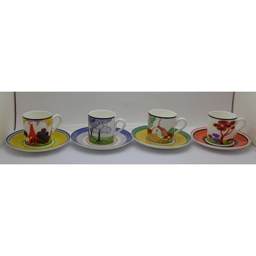 617 - Eight Wedgwood Clarice Cliff Cafe Chic coffee cups with saucers, boxed and with certificates