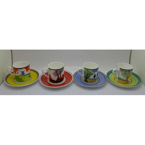 617 - Eight Wedgwood Clarice Cliff Cafe Chic coffee cups with saucers, boxed and with certificates