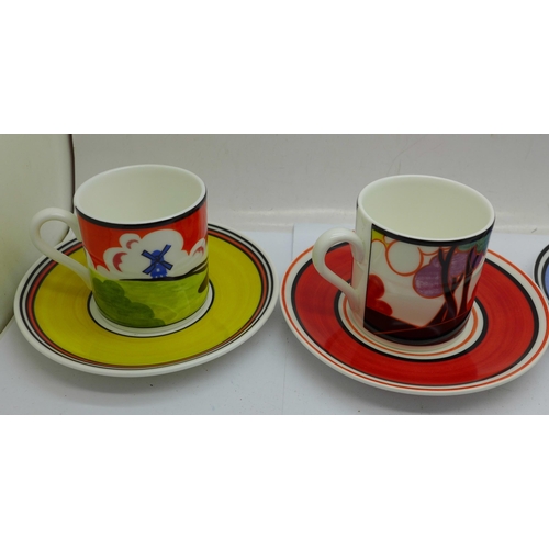 617 - Eight Wedgwood Clarice Cliff Cafe Chic coffee cups with saucers, boxed and with certificates