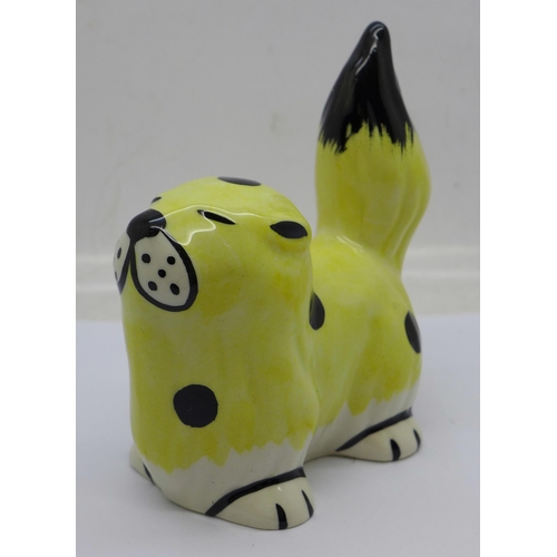 623 - A Lorna Bailey Marmalade the Cat, rare colourway in lemon with black spots, signed on the rear, 10cm