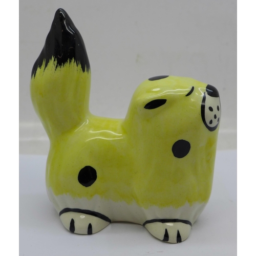 623 - A Lorna Bailey Marmalade the Cat, rare colourway in lemon with black spots, signed on the rear, 10cm