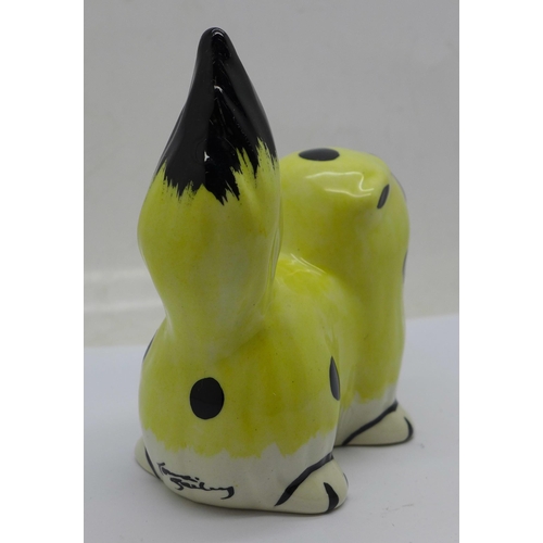 623 - A Lorna Bailey Marmalade the Cat, rare colourway in lemon with black spots, signed on the rear, 10cm