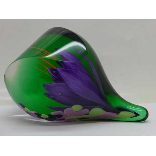 634 - A limited edition Caithness Dewdrop paperweight, boxed, and two Peter McDougall glass paperweights