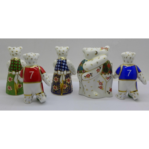 640 - Five Royal Crown Derby paperweights, all modelled as miniature bears (9cm) comprising Bear Hug, 2001... 