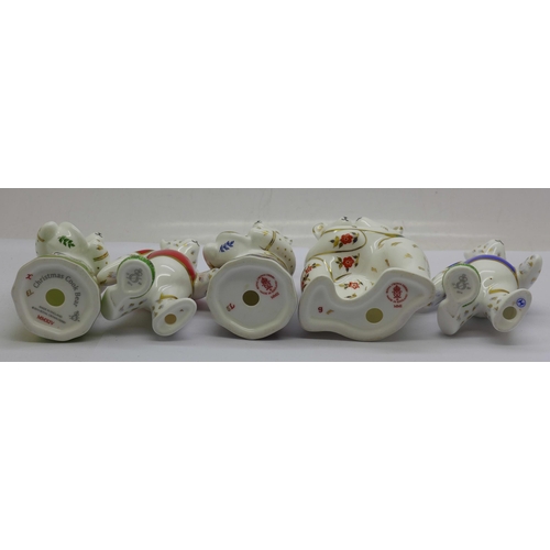 640 - Five Royal Crown Derby paperweights, all modelled as miniature bears (9cm) comprising Bear Hug, 2001... 