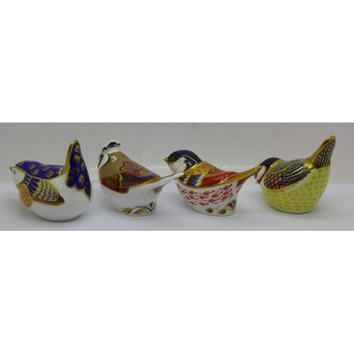 642 - Four Royal Crown Derby paperweights, 'Crested Tit and Coal Tit', both with the 21st Anniversary hept... 