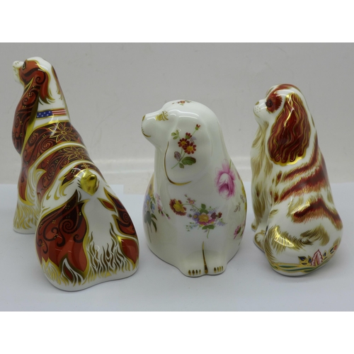 649 - Three Royal Crown Derby paperweights, 'The Spaniel' to mark the retirement of the Derby Posie paperw... 