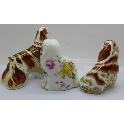 649 - Three Royal Crown Derby paperweights, 'The Spaniel' to mark the retirement of the Derby Posie paperw... 