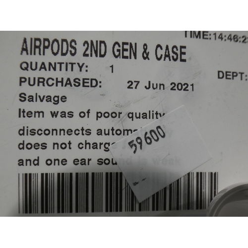3100 - Airpods (2nd Gen) & Case (MV7N2ZMA), RRP £99.99 + VAT    (237-355) * This lot is subject to VAT