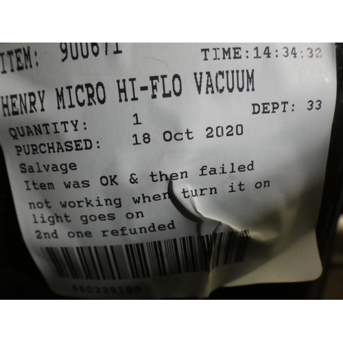 3222 - Henry Micro Hi-Flo Vacuum Cleaner (900671/HVR200M), RRP £119.99 + VAT( 234 -76 ) * this lot is subje... 