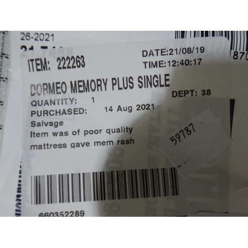 3240 - Dormeo Memory Plus Single Mattress, RRP £129.99 + VAT  (237-440) * This lot is subject to VAT