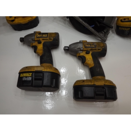 2039 - Dewalt tools; 2 cordless impact drills, cordless impact driver, cordless rip saw, no charger