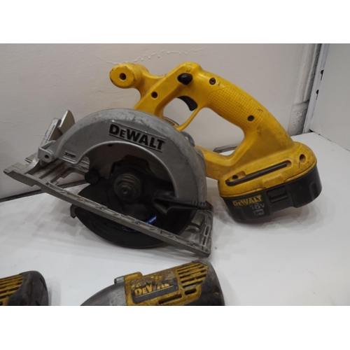 2039 - Dewalt tools; 2 cordless impact drills, cordless impact driver, cordless rip saw, no charger