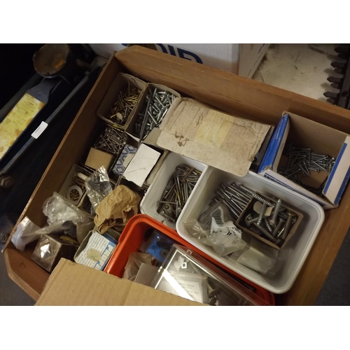 2048 - 1 Box, 1 tray of assorted screws, nails, etc.